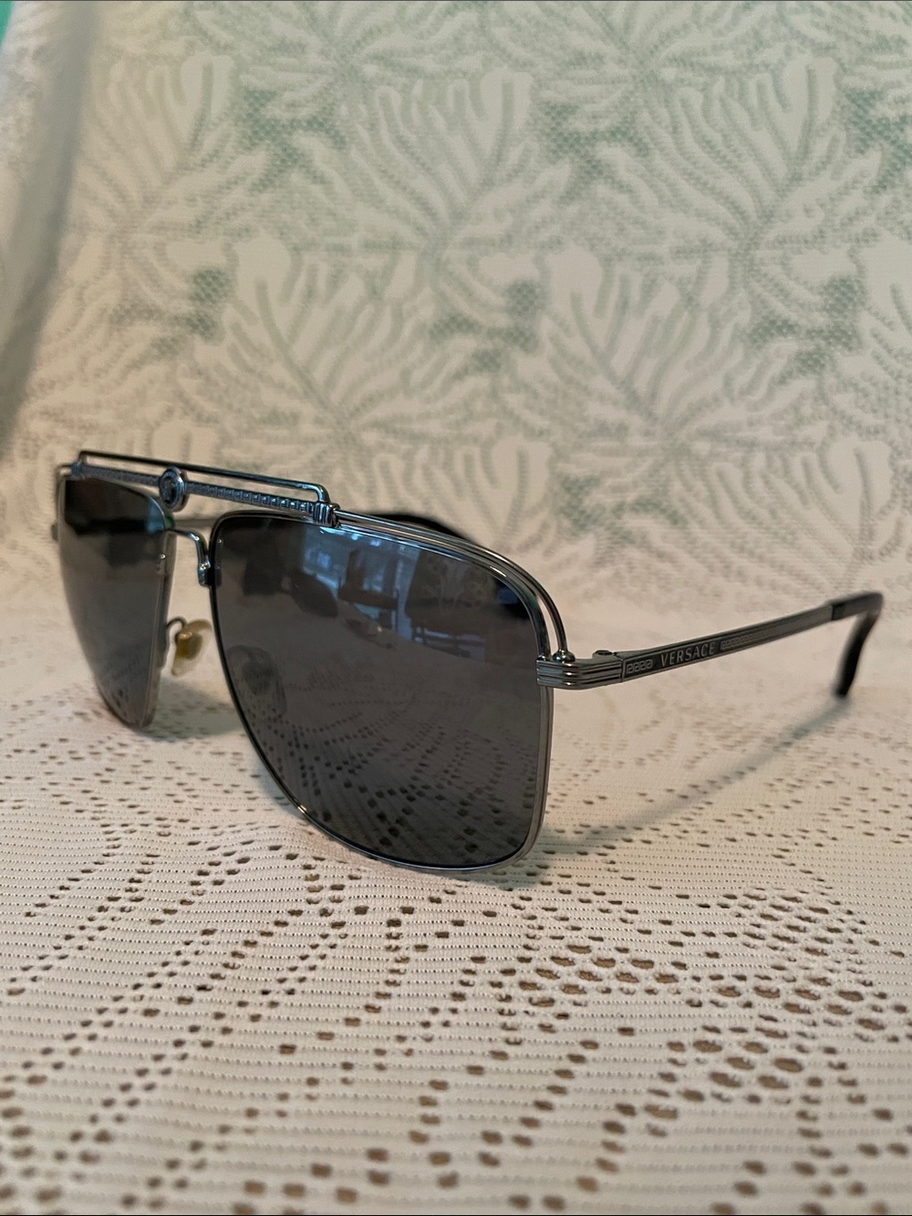 Versace Silver Frame Sunglasses with Dark Gray Lenses